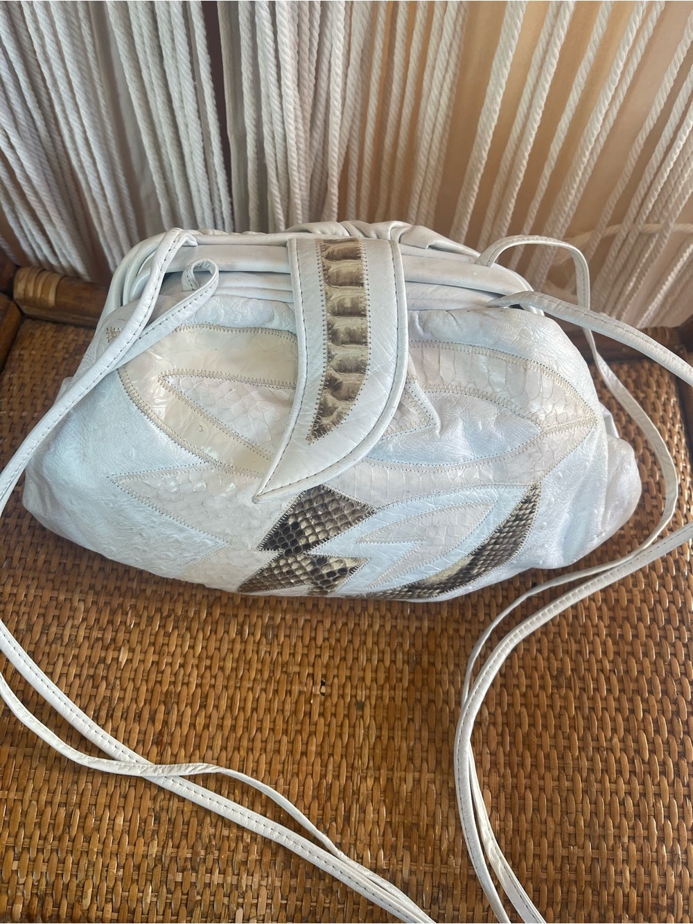 vintage 80s Razzamatazz patchwork shoulder crossbody bag snakeskin beige white
